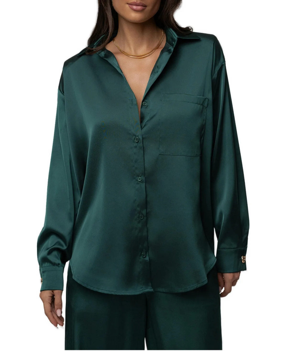 Island Ease Long-Sleeve Button-Down Satin Blouse by Jluxlabel