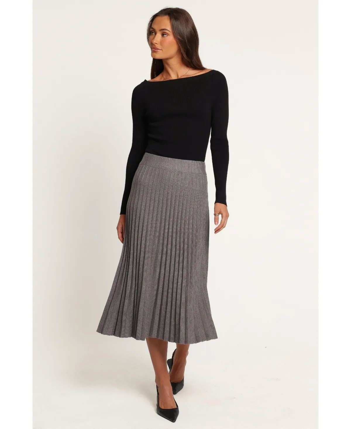 Loulani High-Waisted Pleated Knit Midi Skirt