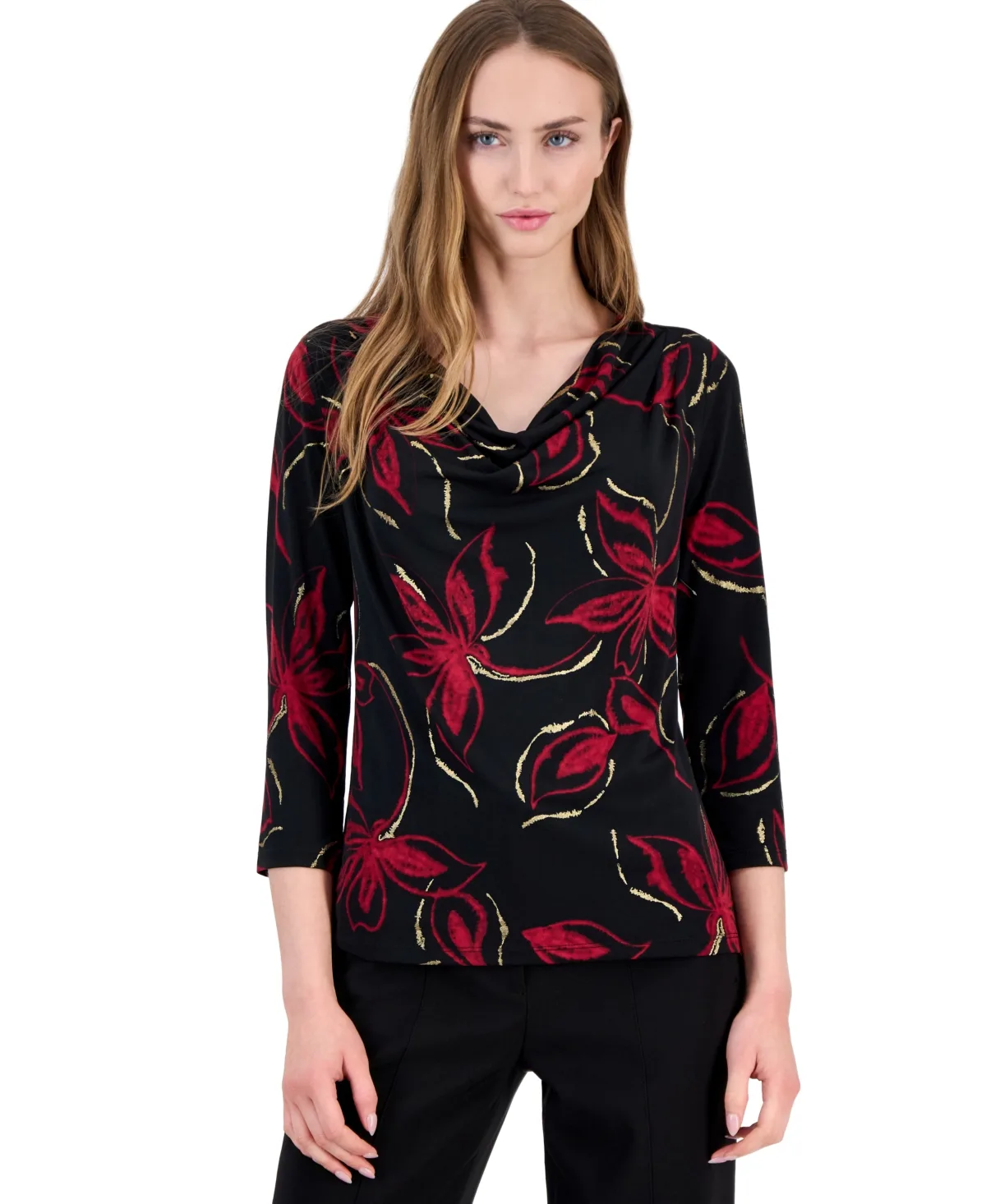 Petite Cowl Neck Shoulder Pleats 3/4-Sleeve Blouse by Anne Klein