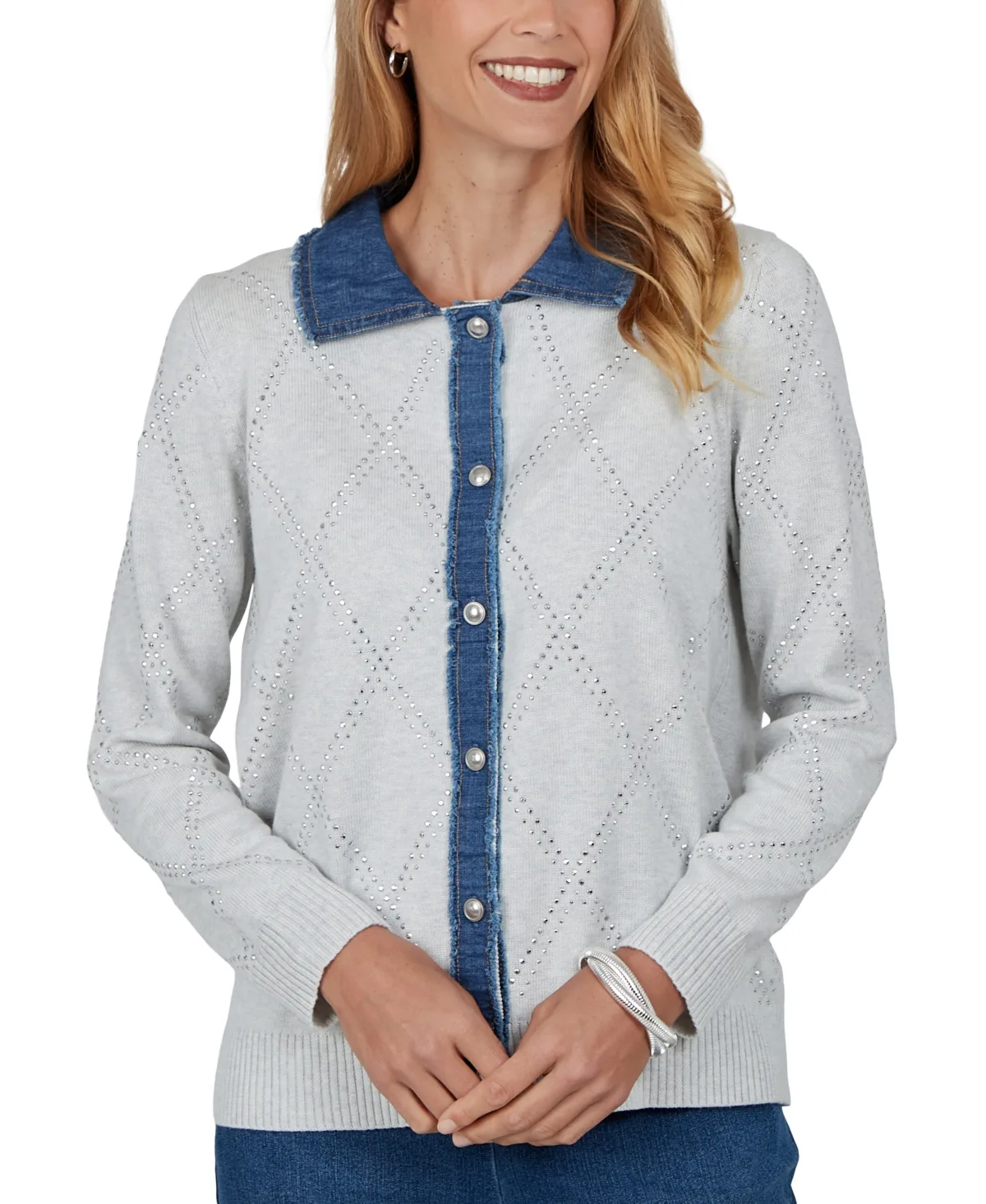 Long Sleeve Point-Collar Pointelle Knit Cardigan Sweater by Alfred Dunner