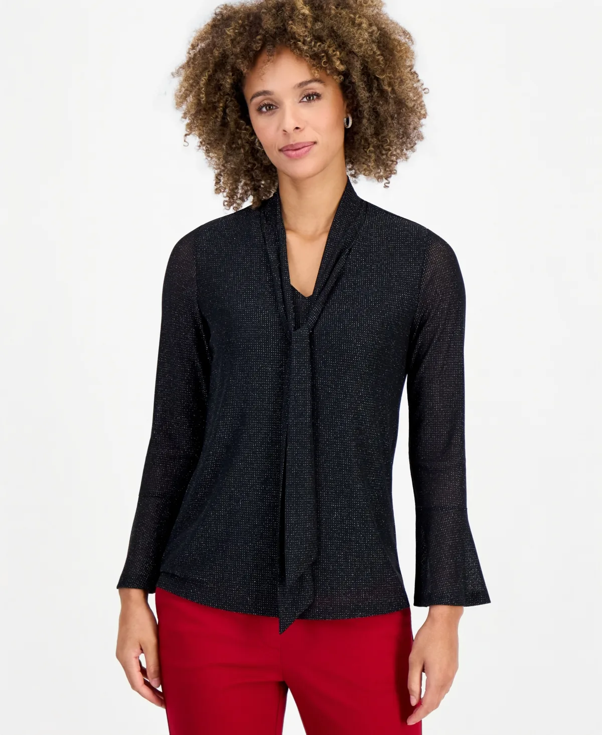 Long Sleeve Metallic Knit Tie Neck Bell Sleeve Top by Kasper