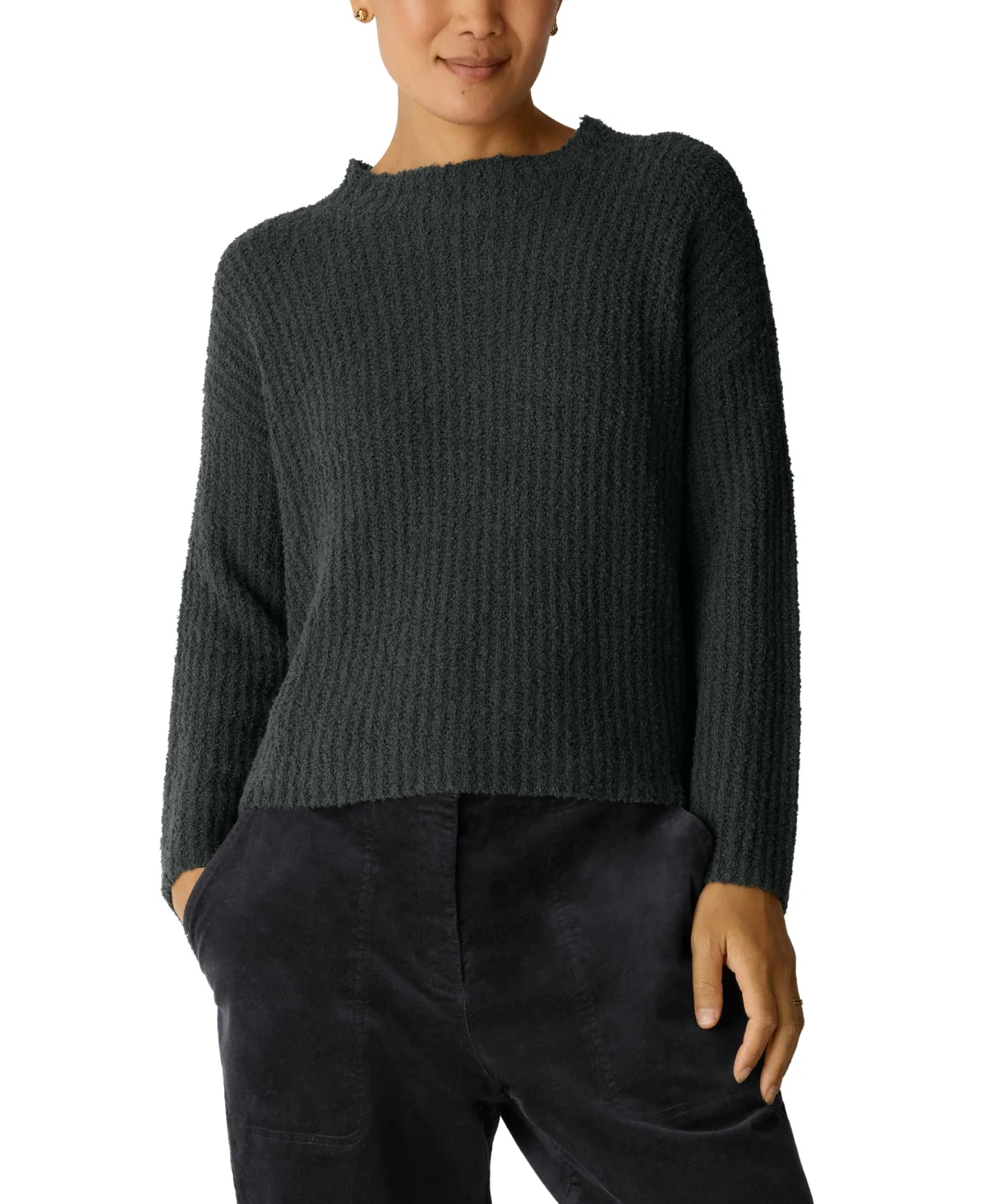 Cotton-Blend Fluff Funnel Neck Bracelet Sleeve Pullover Sweater by Eileen Fisher