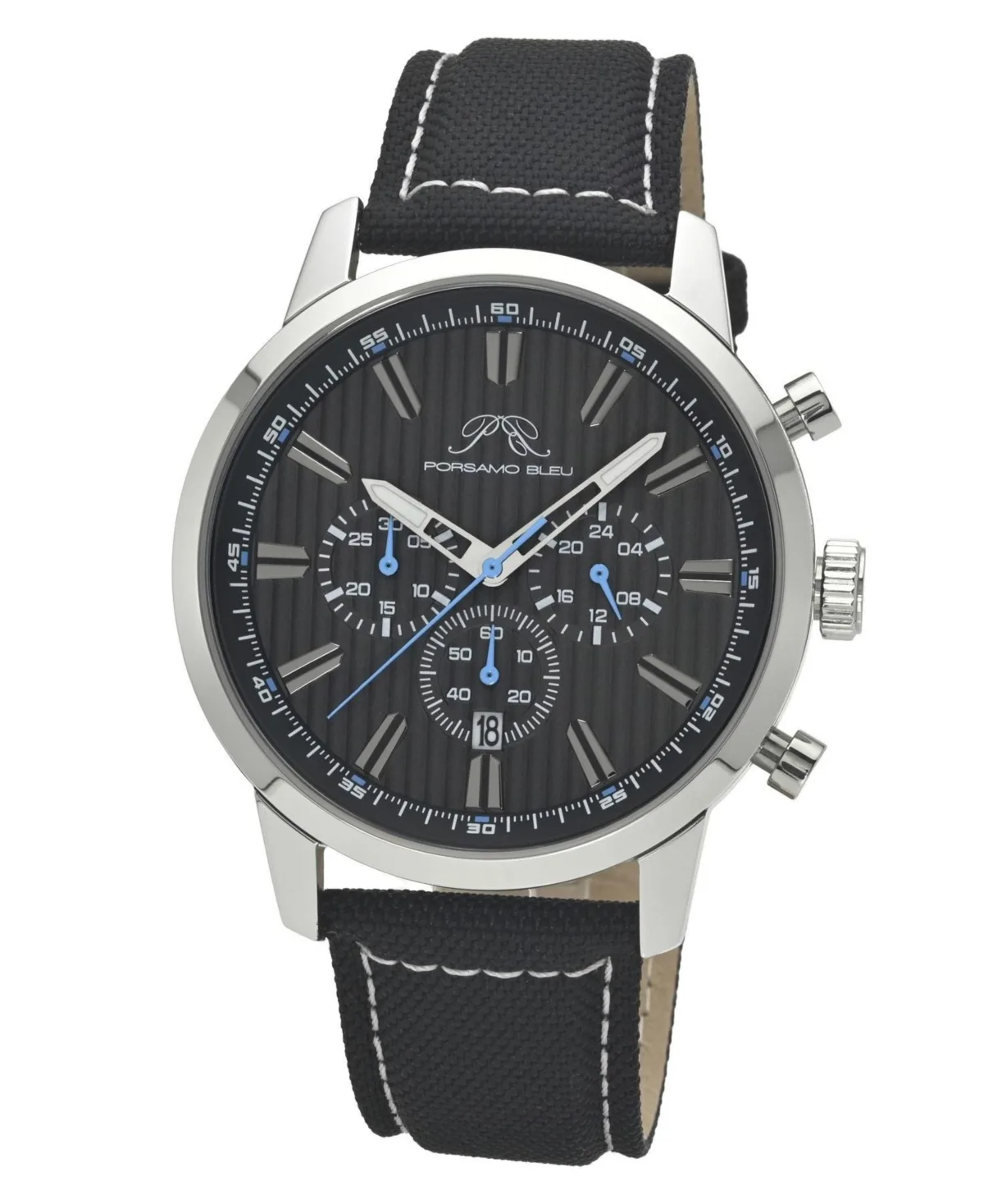 Ryder Chronograph Black Canvas Band Silver Tone Watch 44mm by Porsamo Bleu