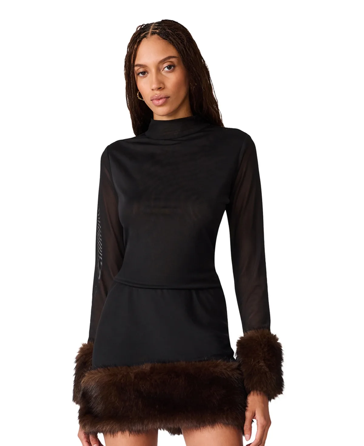 Lilienne Knit Top Faux Fur Mock Neck Sheer Blouse by Steve Madden