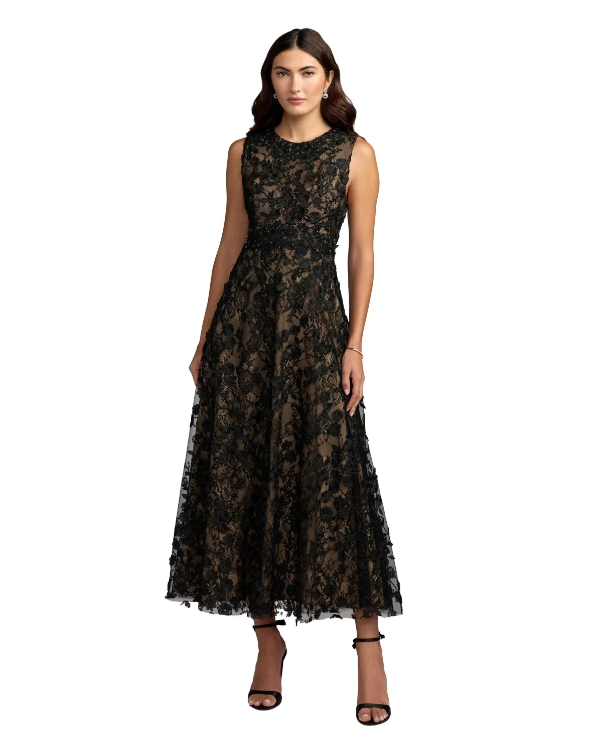 Mac Duggal Floral-Embroidered High Neck Midi Dress