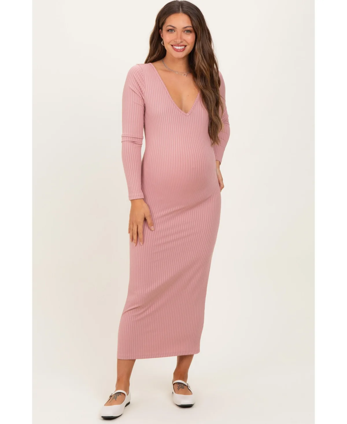 V-Neck Long Sleeve Fitted Maxi Dress by PinkBlush