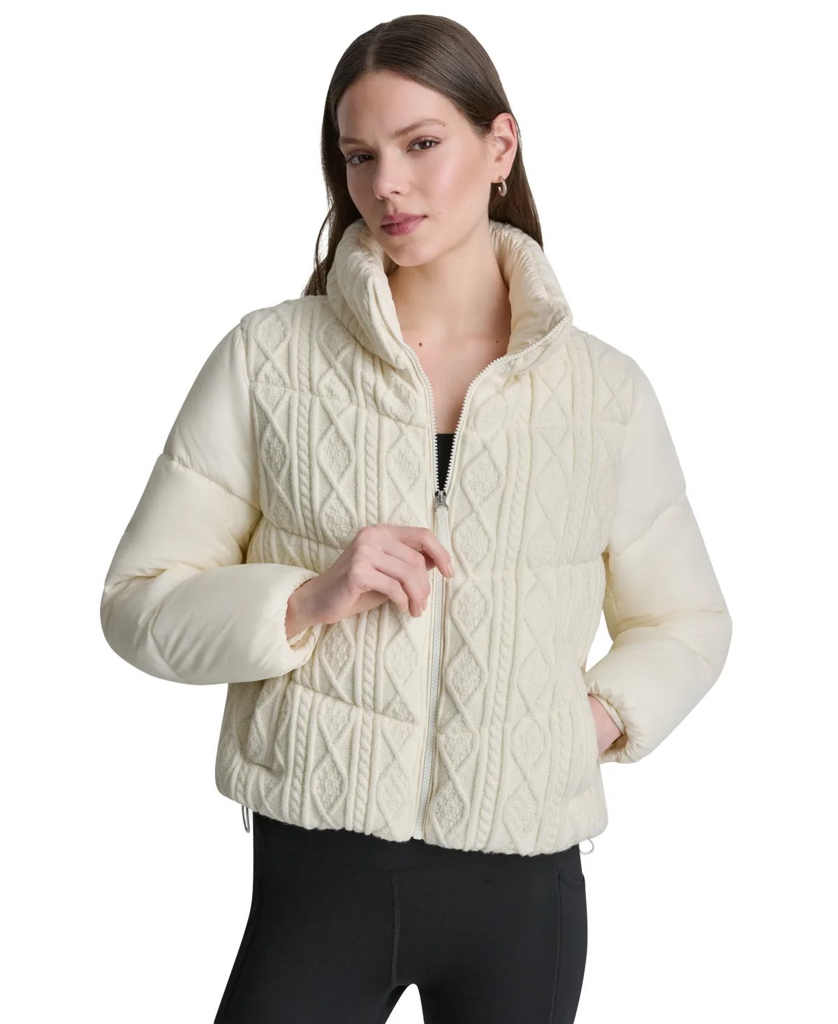 Cable Knit Mock Neck Water Resistant Puffer Jacket by DKNY