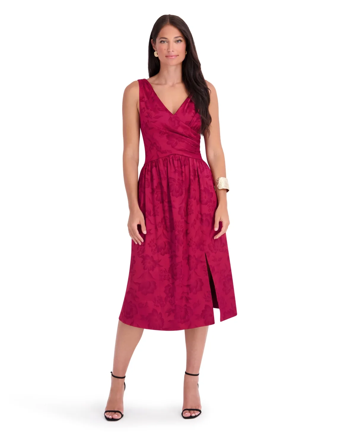 Satin Jacquard Floral Fit & Flare V-Neck Midi Dress by Kensie