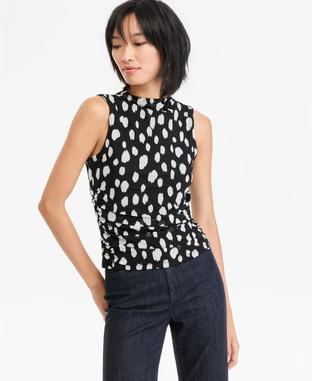 Mock-Neck Printed Mesh Sleeveless Top