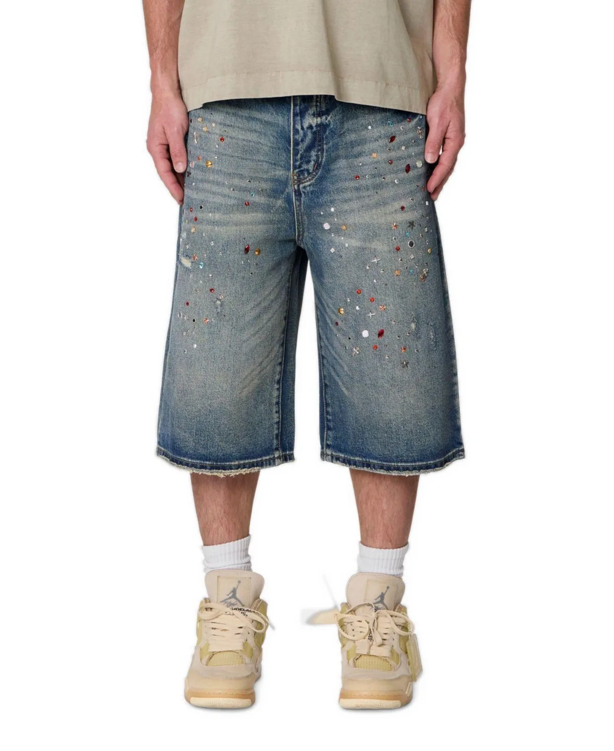 Ultra Baggy Rhinestone Denim Shorts, 14 Inseam by Mnml