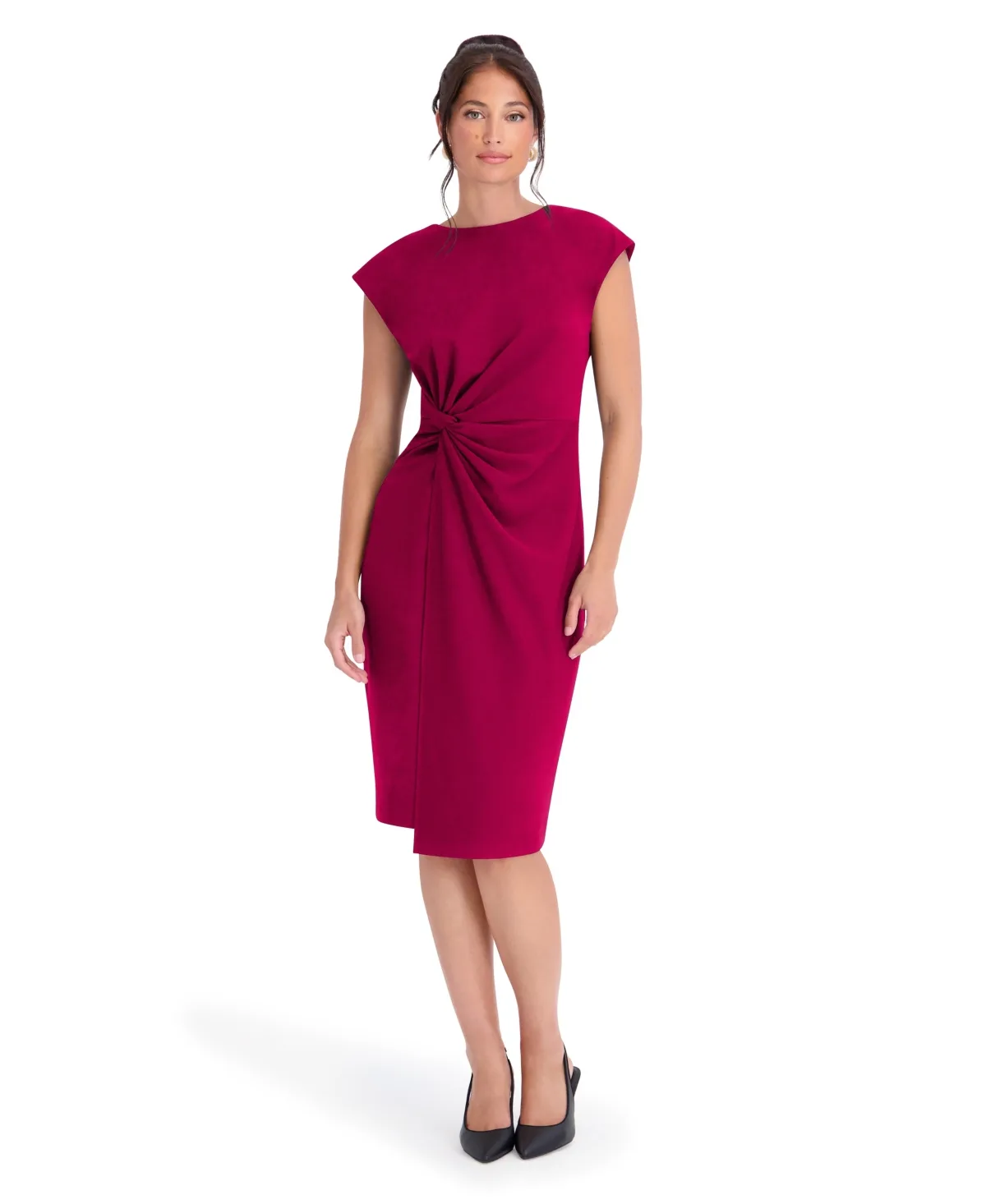 Crepe Scuba Gathered Twist-Front Cap-Sleeve Dress by Kensie