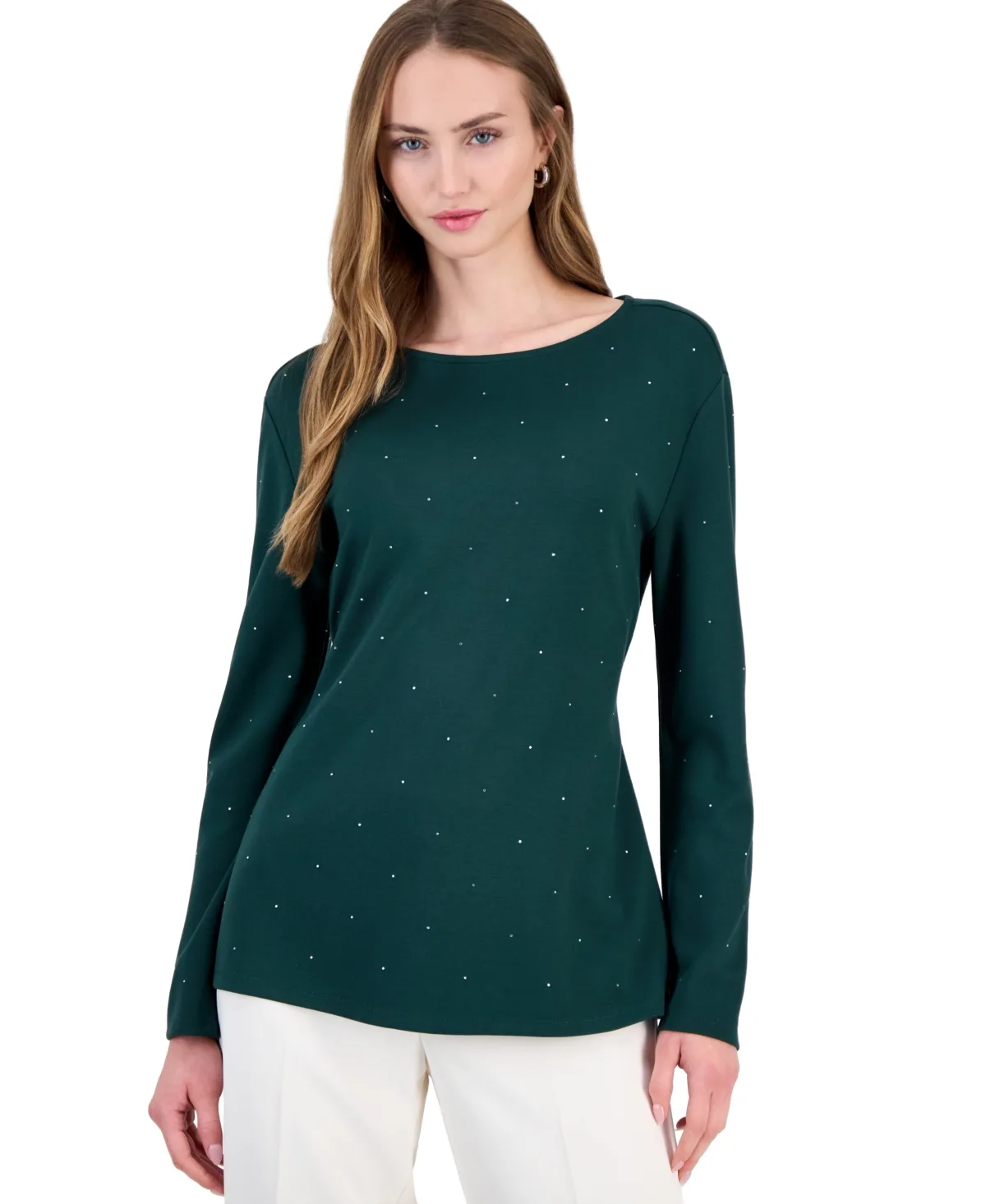 Belted Boat-Neck Long-Sleeve Knit Pullover by Anne Klein
