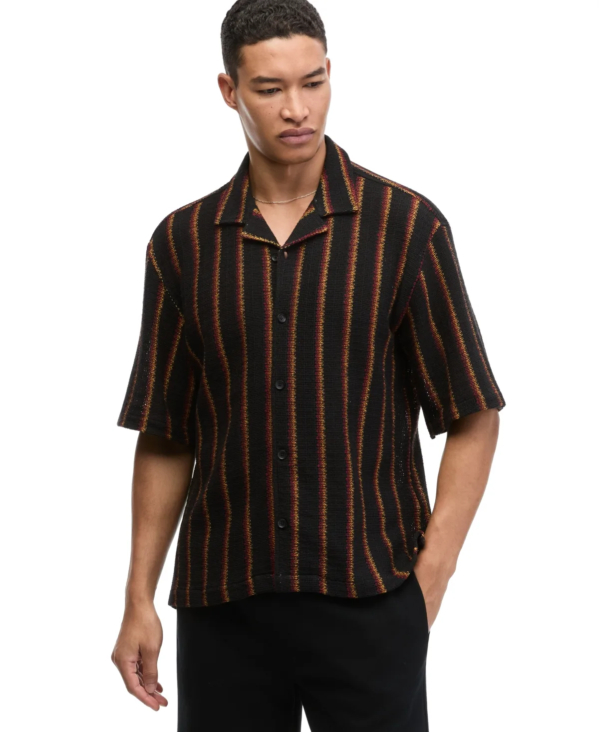 Camp Collar Stripe Crochet Short-Sleeve Shirt by Mode of One