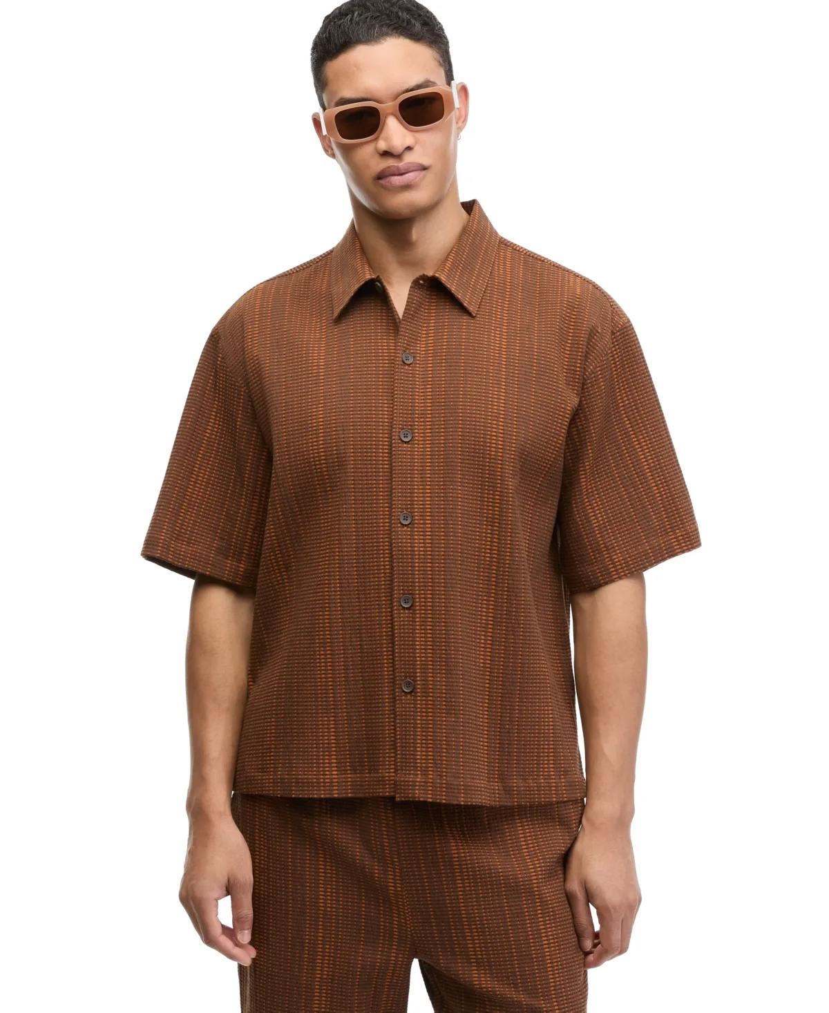 Textured Check Point Collar Button-Up Shirt