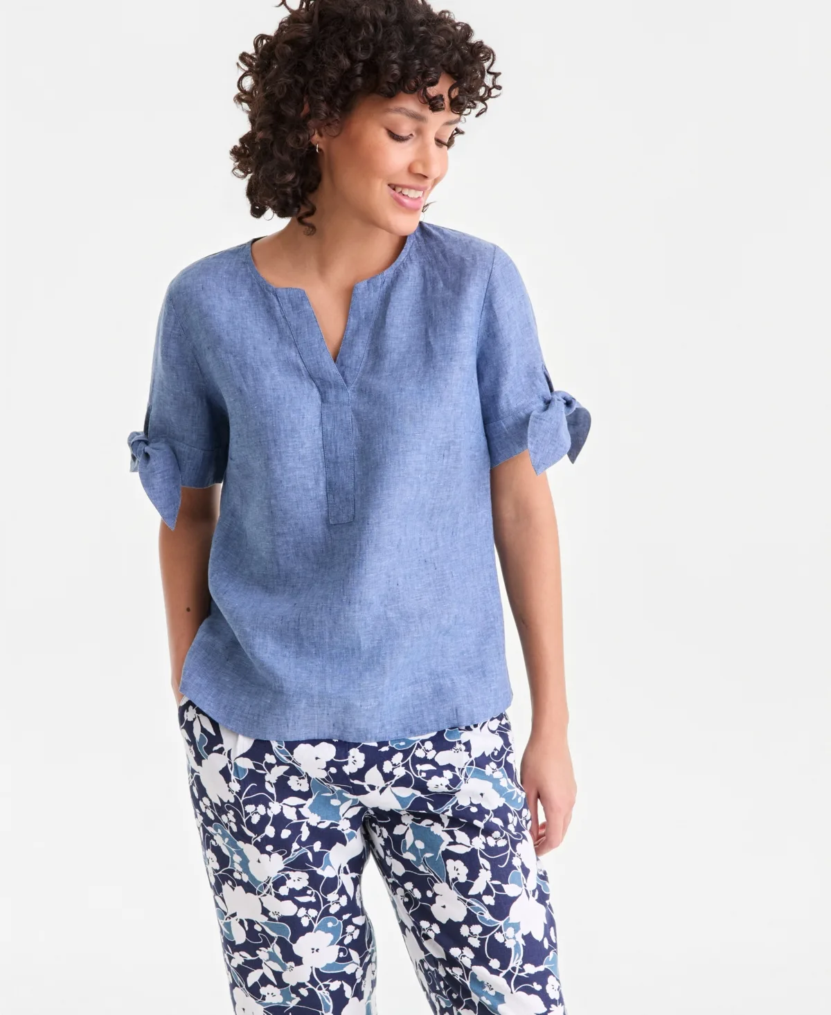 100% Linen Split-Neck Tie-Cuff Top by Charter Club
