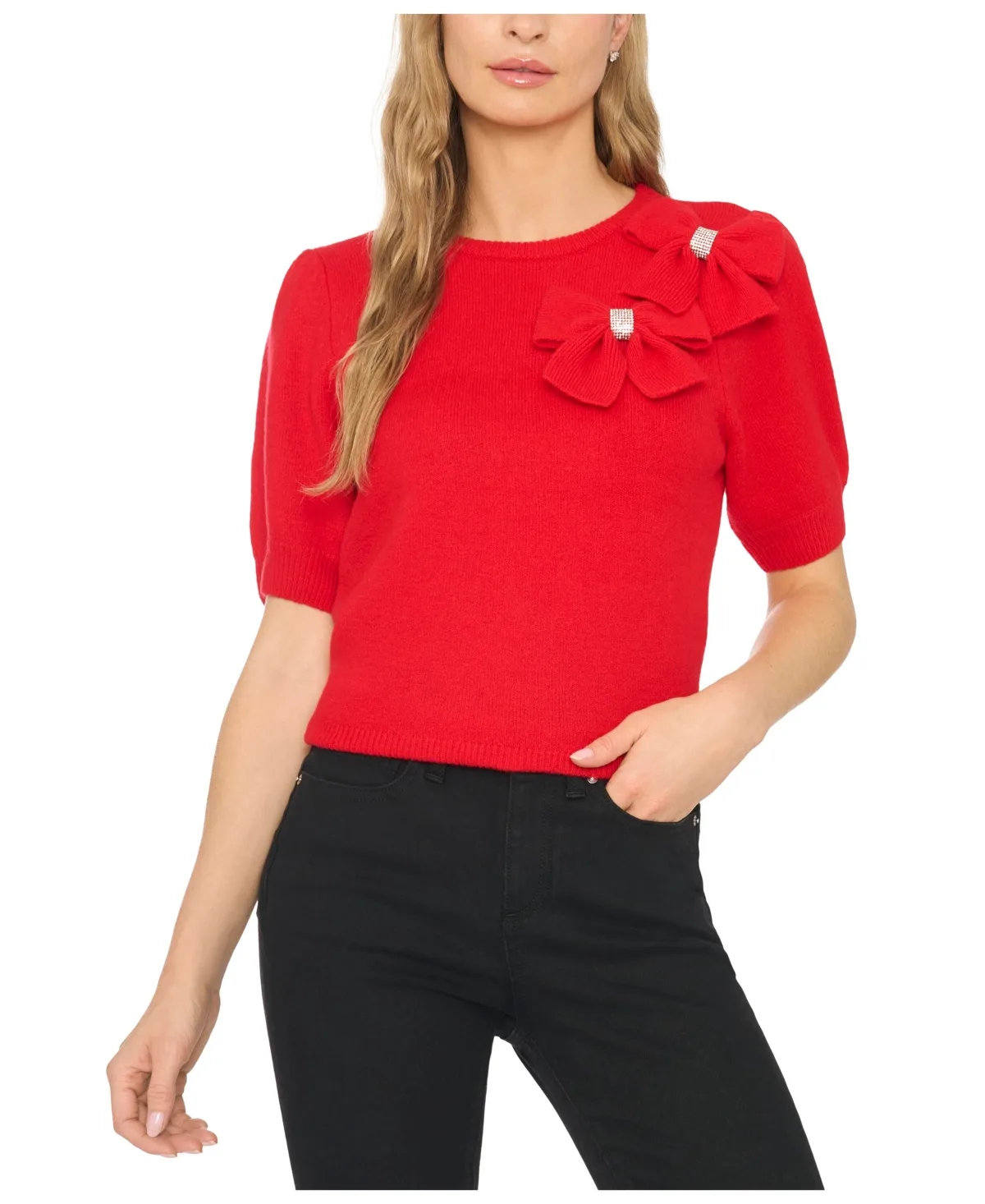 Embellished Bow Applique Crewneck Short-Sleeve Sweater by CeCe