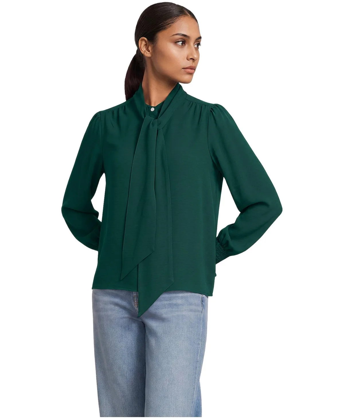 Creaseless Button Front Blouse with Tie