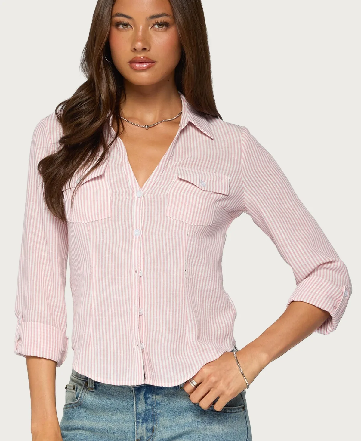 Phobe Striped Collared Long-Sleeve Button-Up Top by Edikted