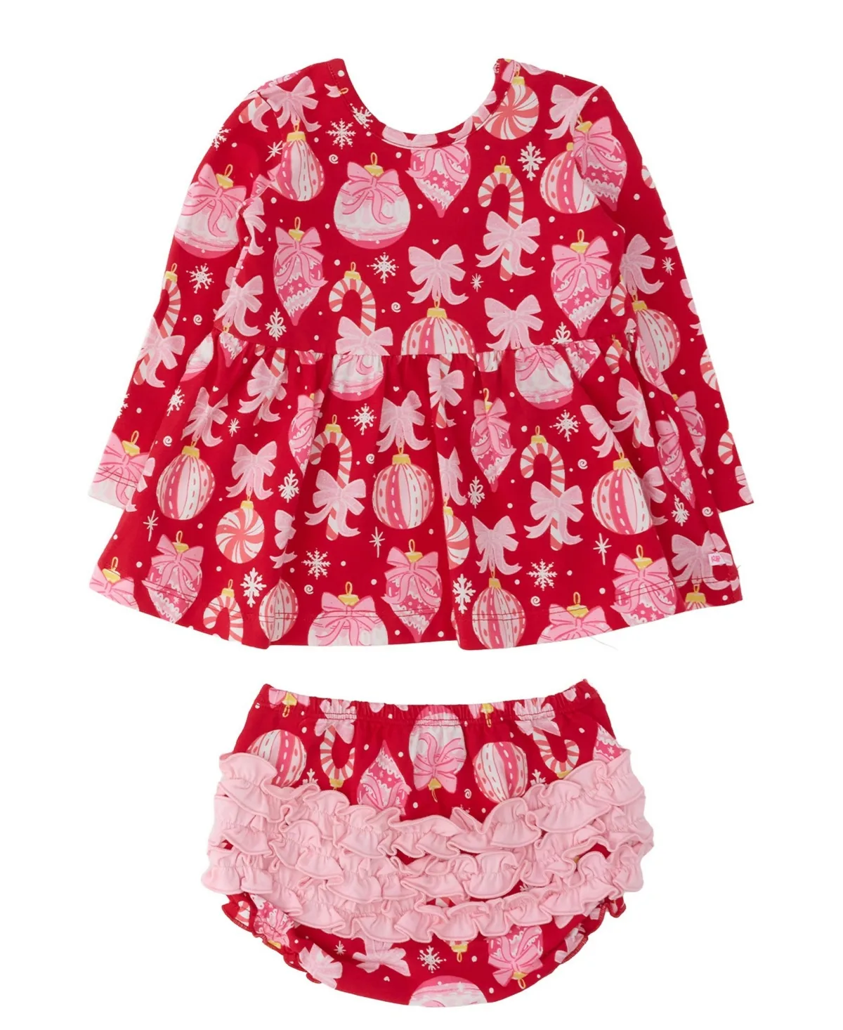 Holly Ornament Bows Knit Long-Sleeve Ruffle Detail Top and Bloomers, 2-Piece Set by Rufflebutts