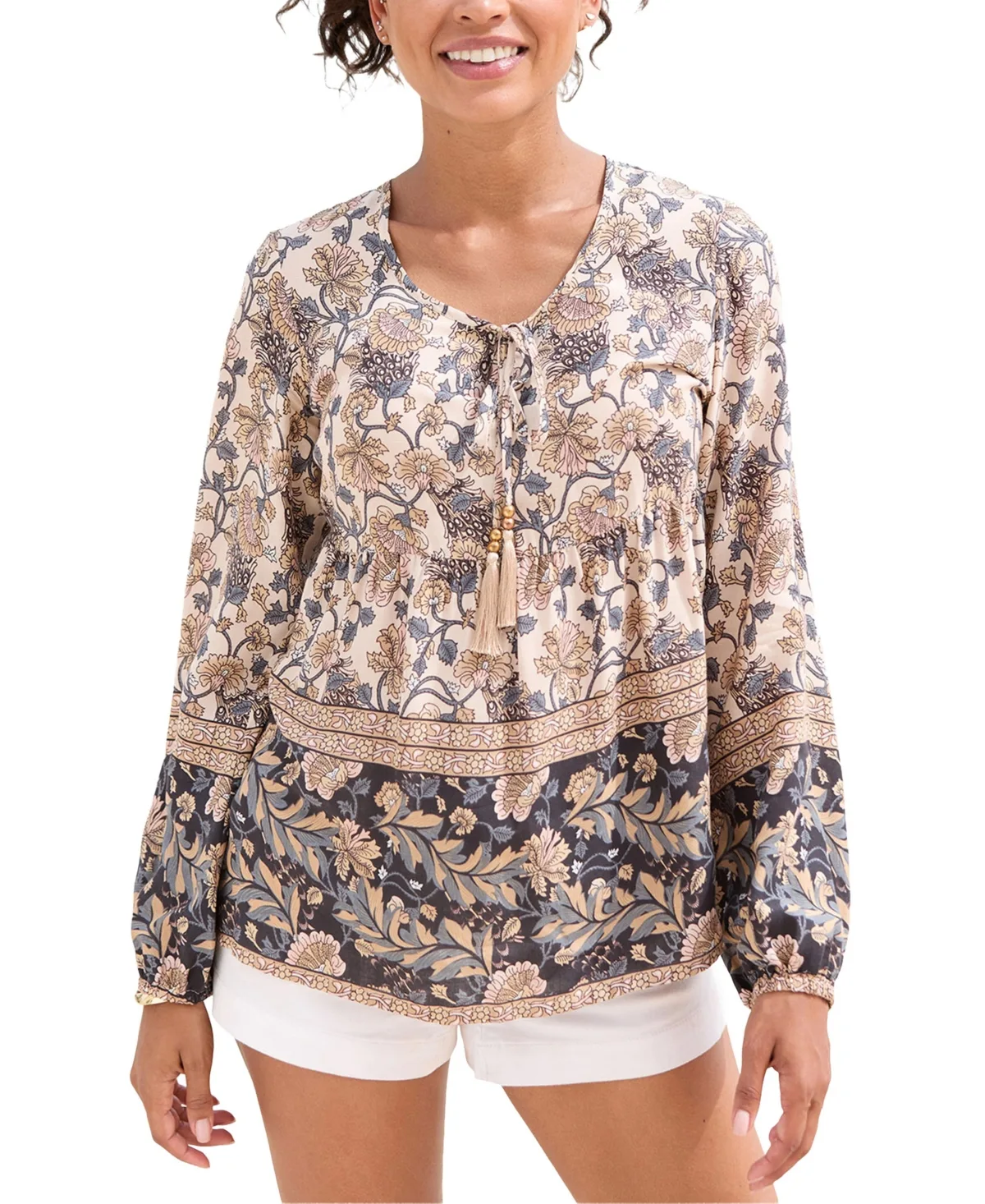 Floral-Print Long-Sleeve Peasant Blouse by Lascana