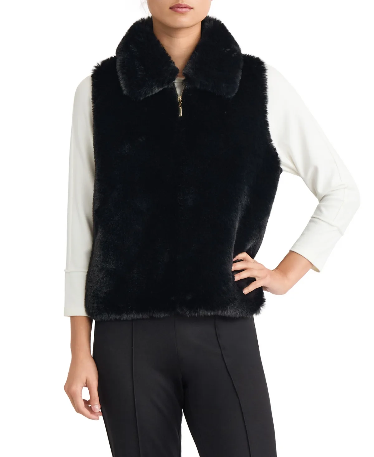 Faux Fur Zip-Front Collared Vest by Jones New York