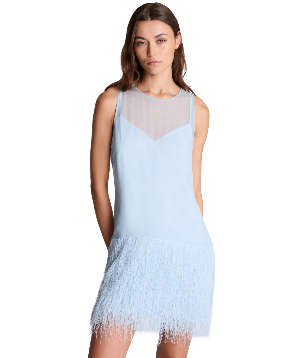 Fringed Faux Fur Mini Chiffon Boat Neck Shift Dress by Kenneth Cole
