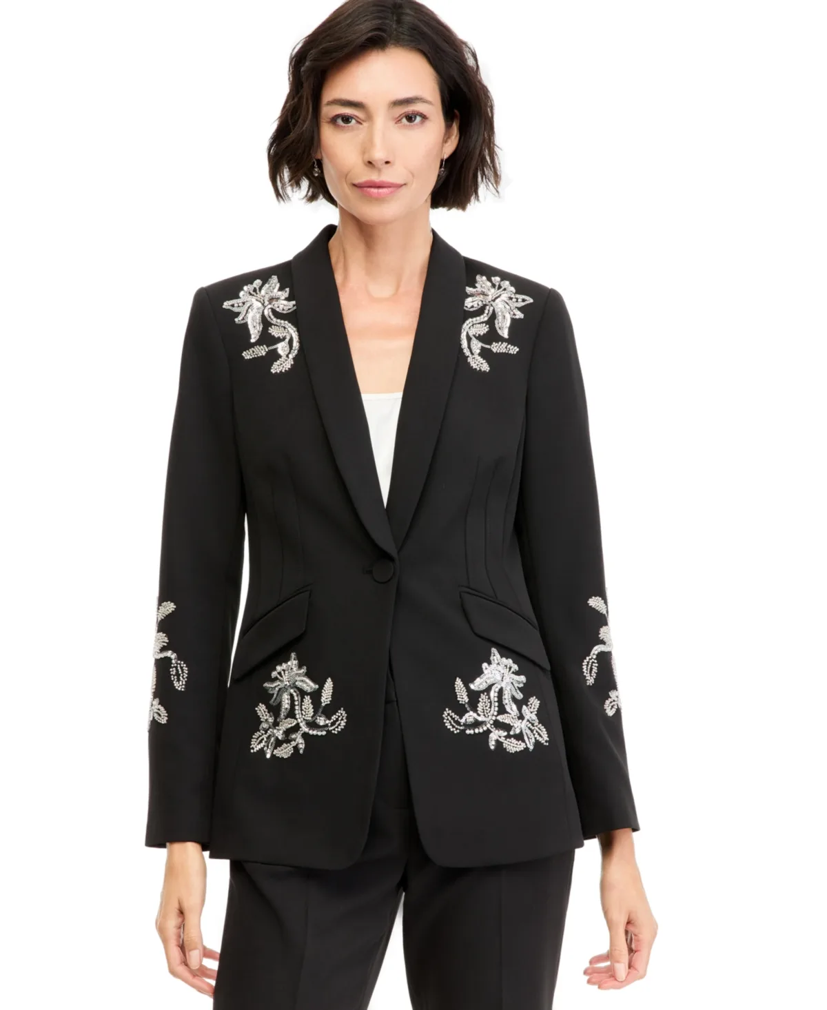 Sequin Embellished Blaze Long-Sleeve Tuxedo Lapel Blazer