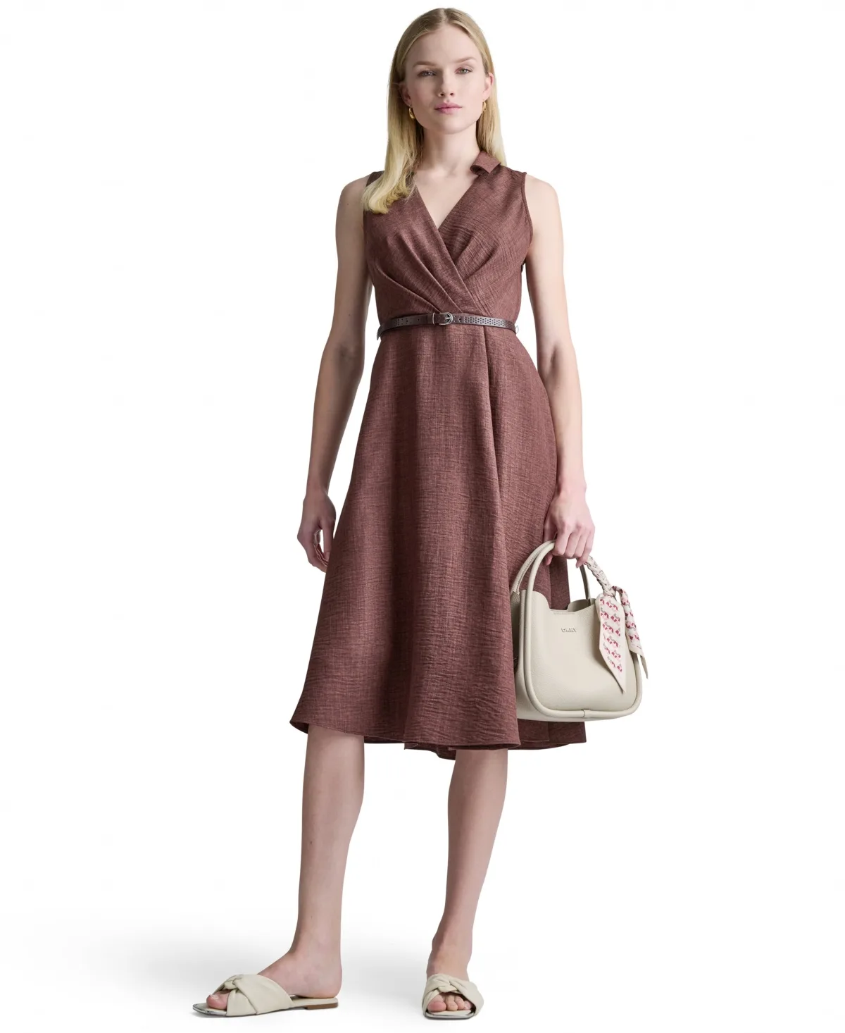 Midi A-Line Faux-Wrap Faux Leather Shirt Dress by DKNY