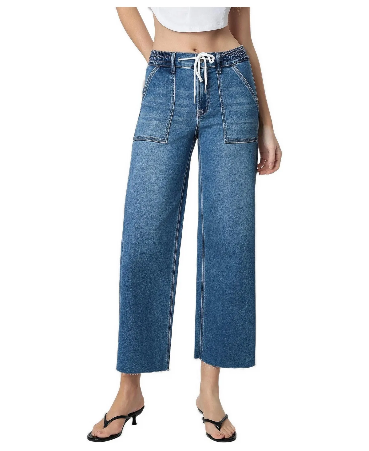 Enviably High-Rise Drawstring Wide-Leg Jeans by Vervet