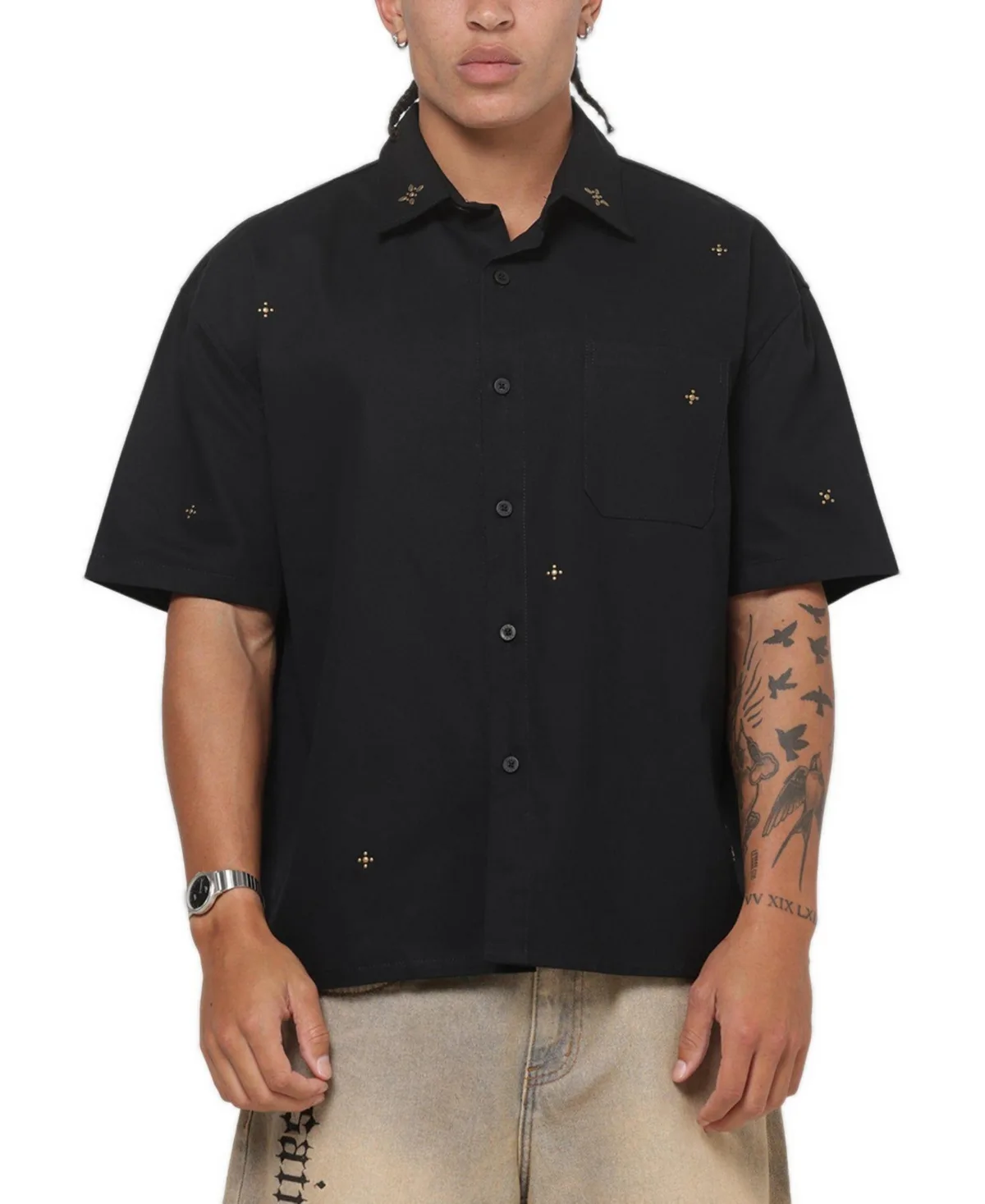 Pyre Embroidered Boxy-Fit Short-Sleeve Button-Up Shirt by Saint Morta
