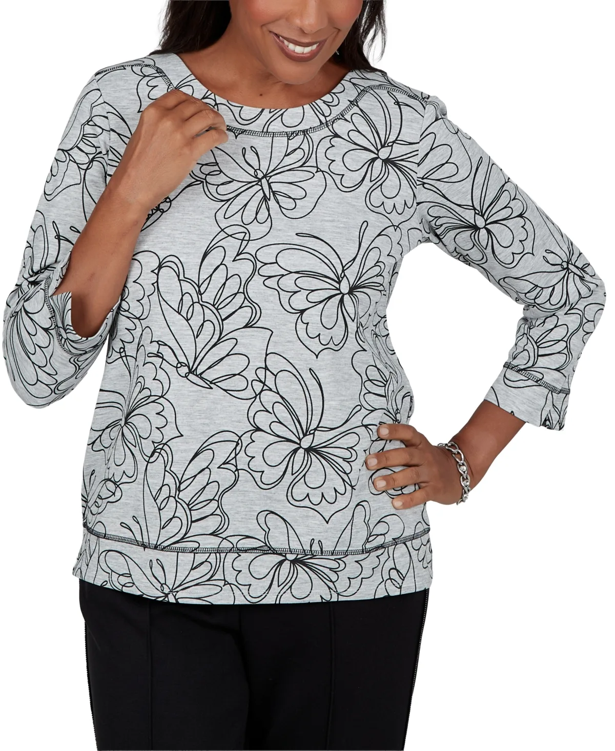 Butterfly-Print 3/4-Sleeve Crewneck Top by Alfred Dunner