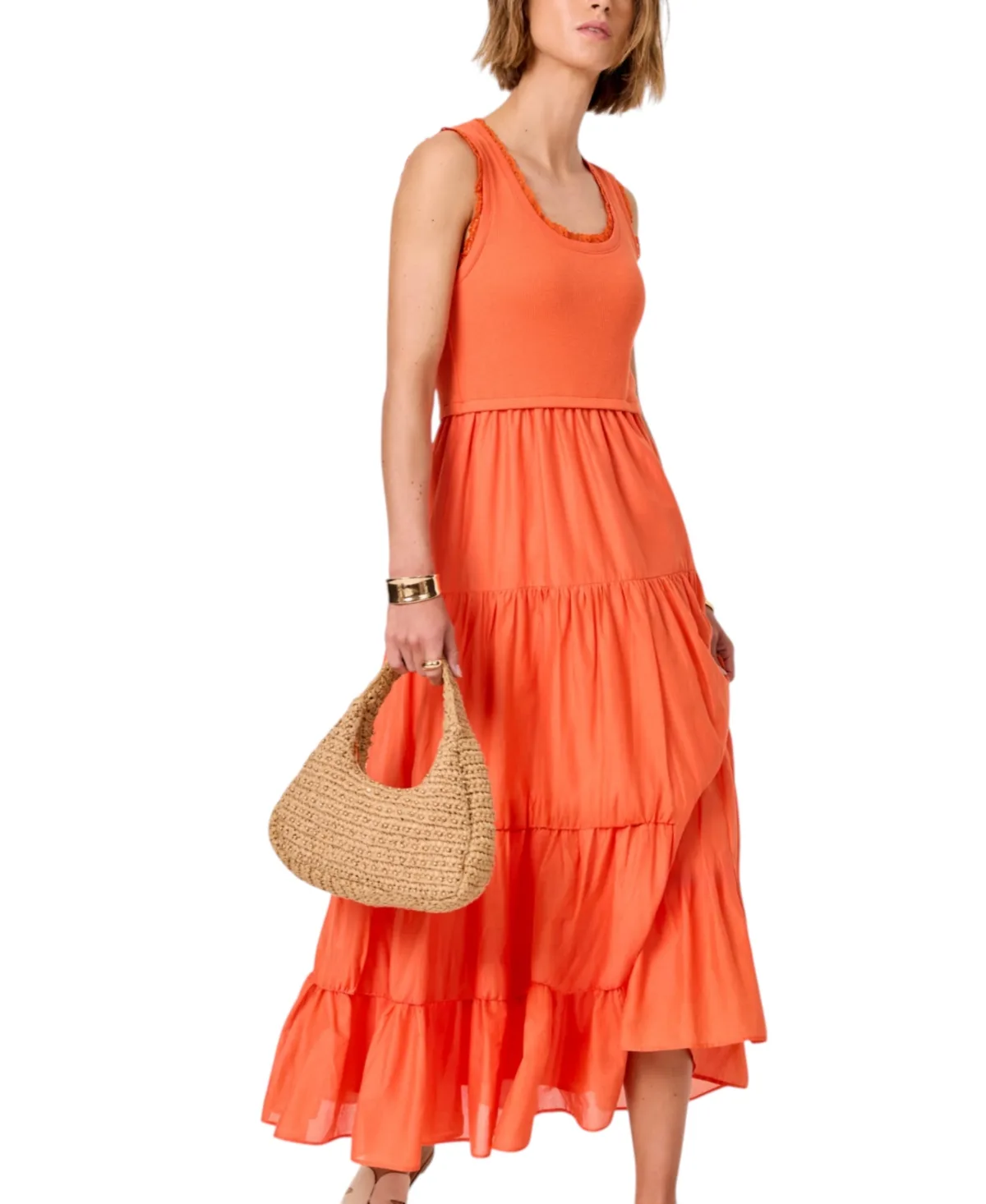 Scoop Neck Crochet-Trim Tiered Midi Dress by Mint Velvet
