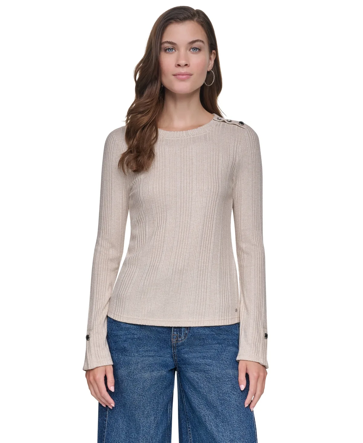 Crewneck Long-Sleeve Button Pullover Sweater by DKNY