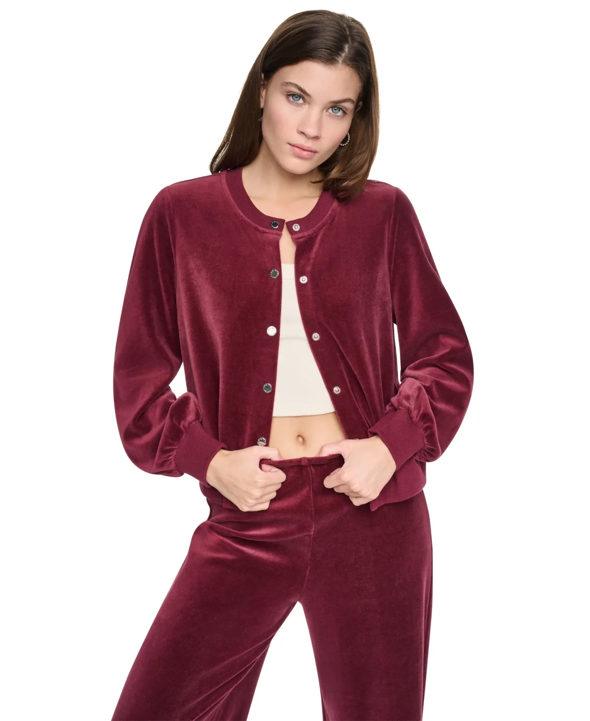 Velvet Snap-Front Crewneck Cardigan Sweater
