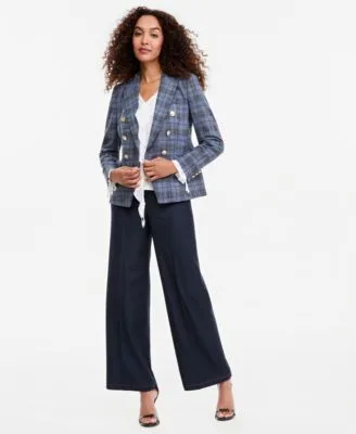 Plaid Double Breasted Blazer V Neck Ruffle Front Long Sleeve Blouse Wide Leg Mid Rise Denim Pants by Tahari