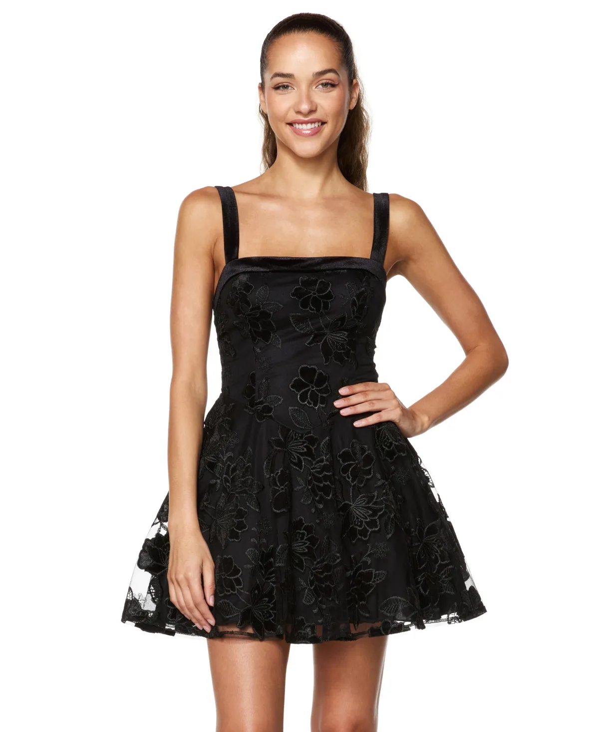 Square-Neck Embroidered-Mesh V-Waist Mini Dress by Alex & Sophia