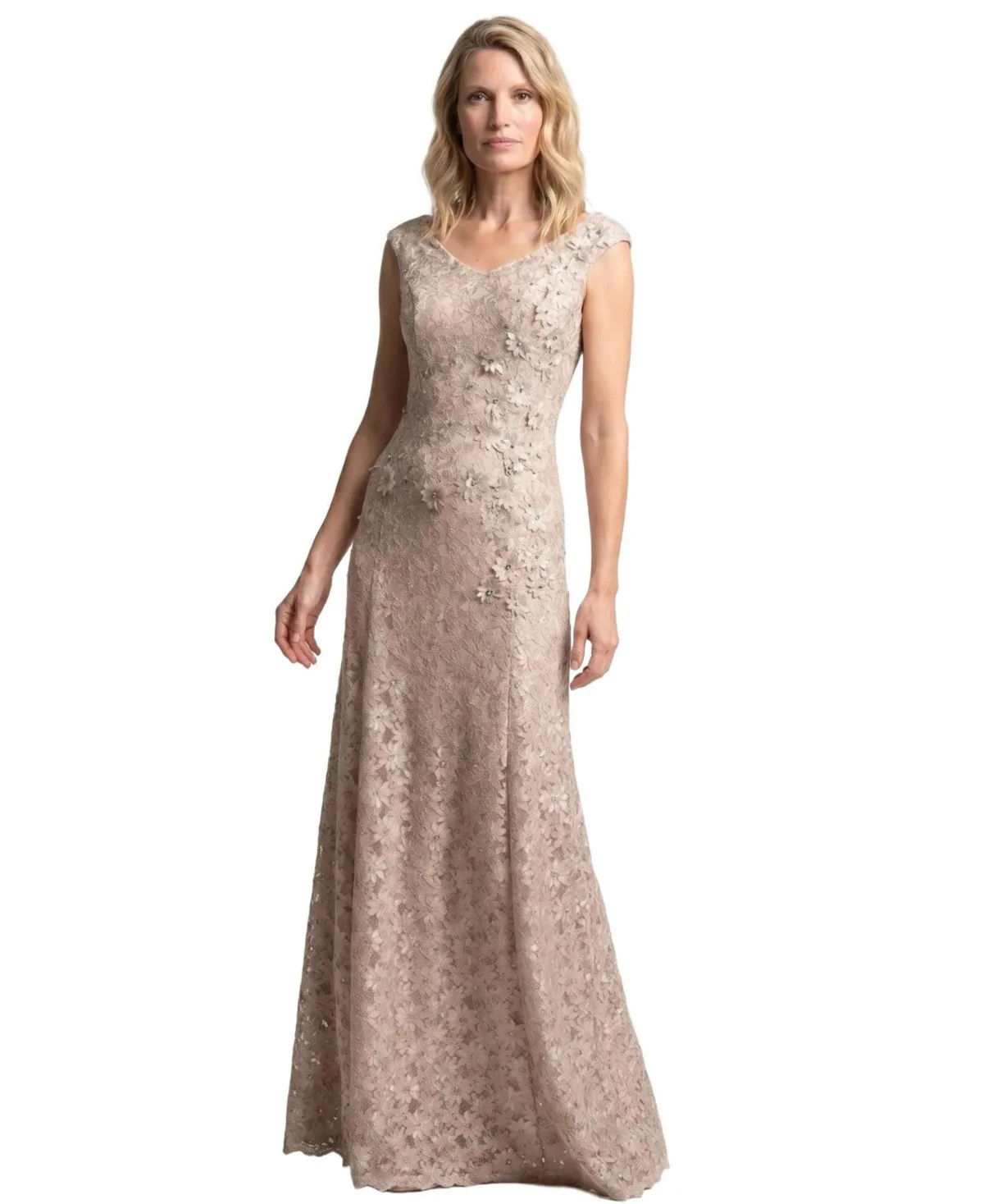 Bruna Floral Lace Floor-Length Cap-Sleeve Gown by Luna Fashion House