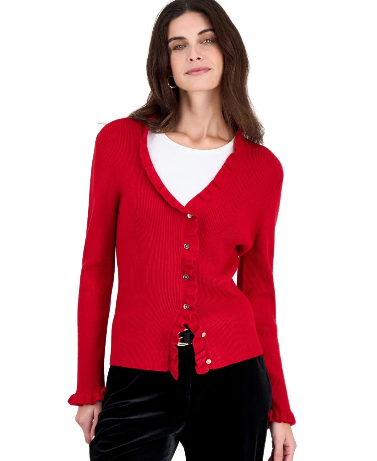 V-Neck Long-Sleeve Ruffle Cardigan by Tahari