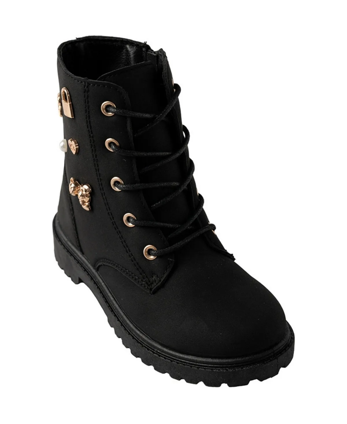 Combat Boots with Decorative Gold-Tone Charms by bebe