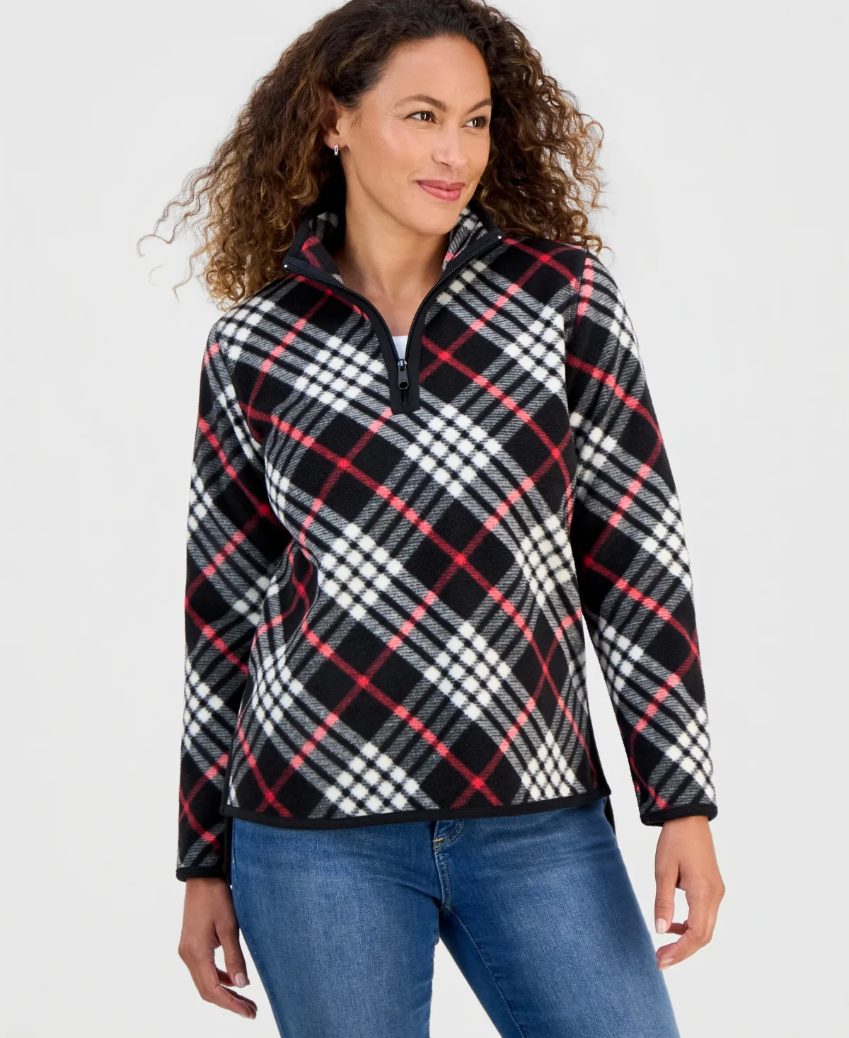 Quarter-Zip Polar Fleece Tunic Plaid Pullover by Style & Co
