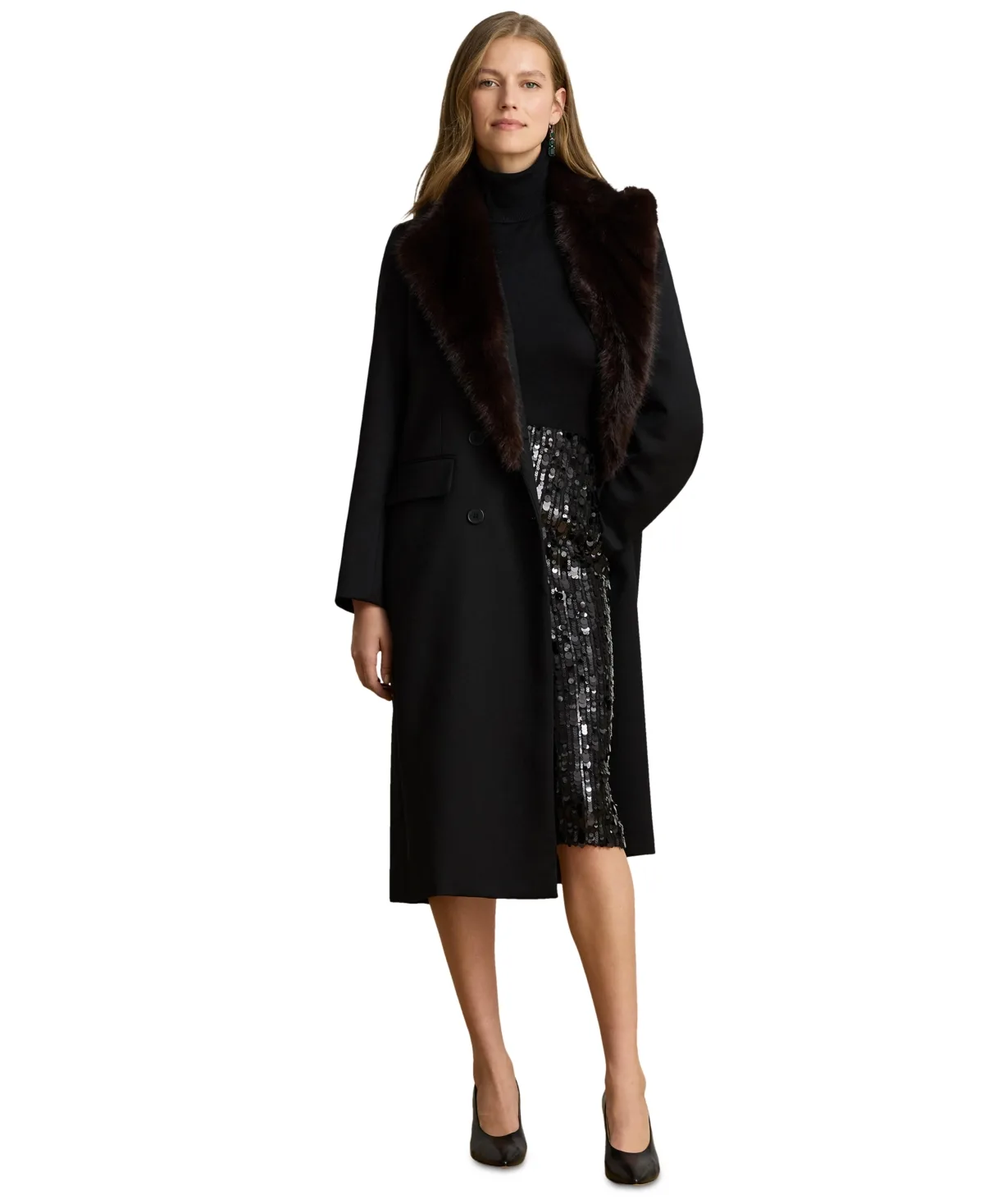 Double-Breasted Faux-Fur Trim Crepe Coat