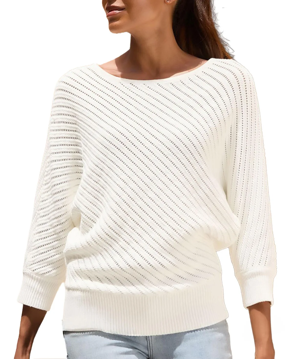 Boat-Neck Batwing-Sleeve Openwork Knit Sweater by Lascana