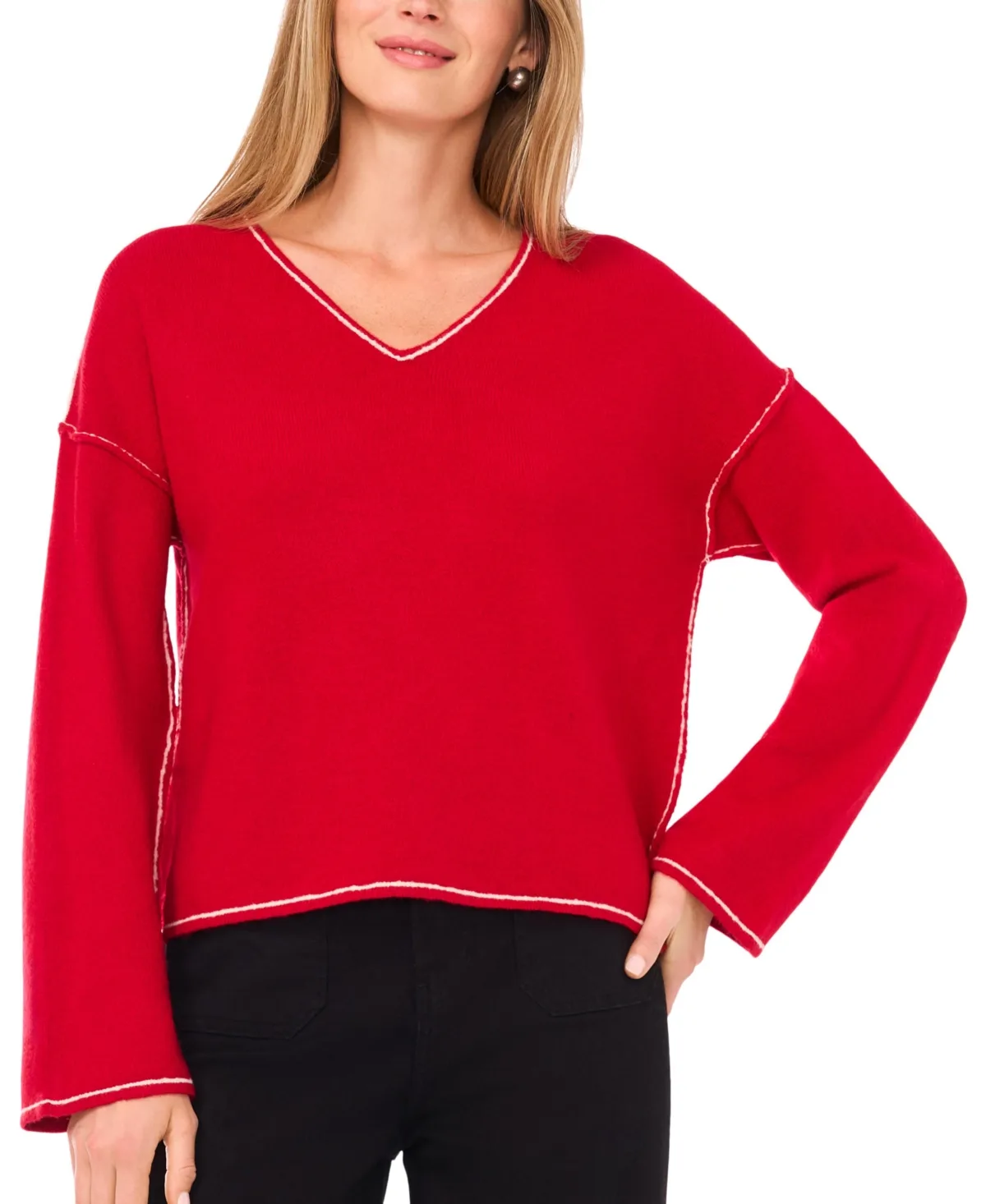V-Neck with Contrast Crochet Sweater by Vince Camuto