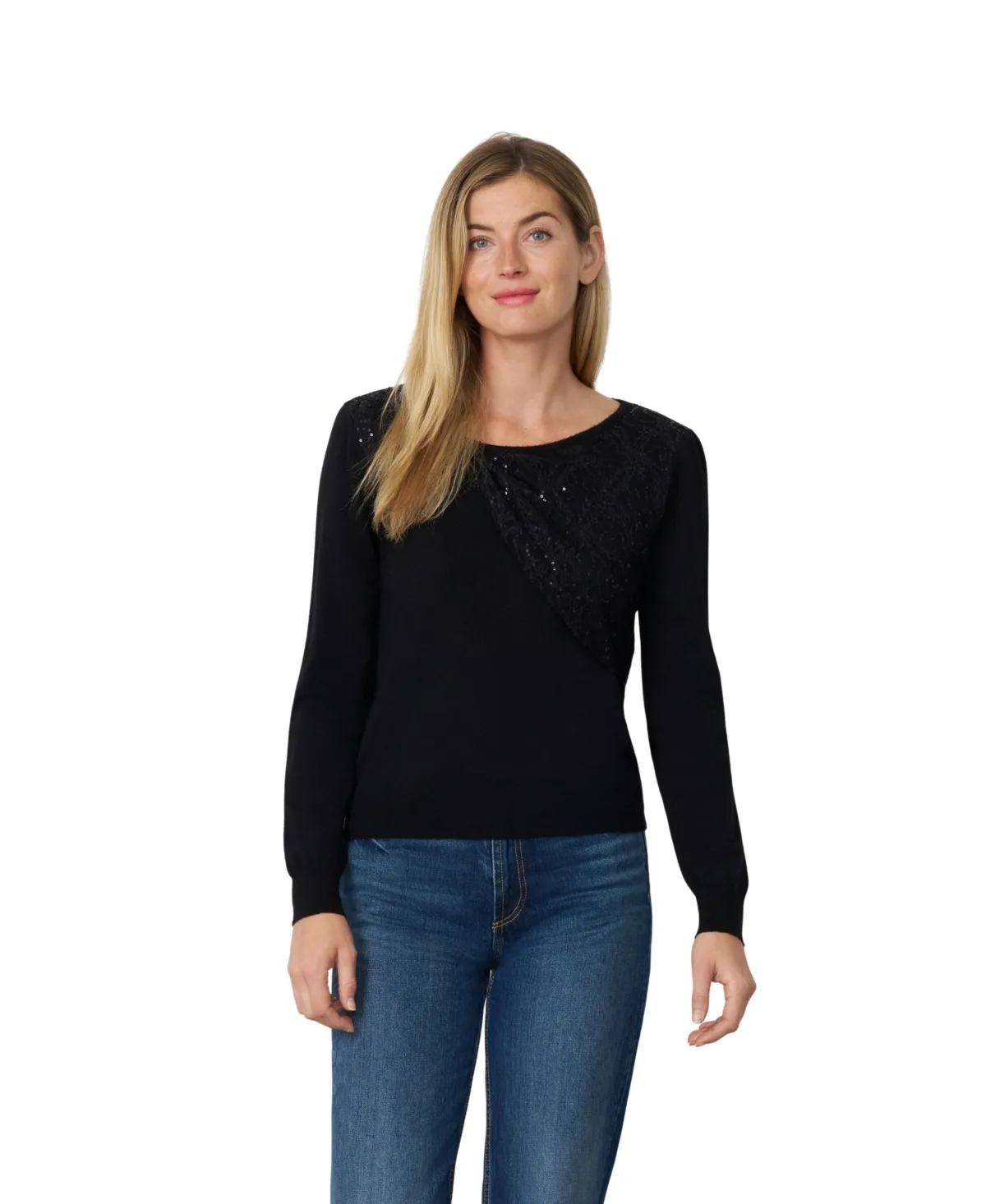Asymmetrical Lace Panel V-Neckline Long Sleeve Sweater by Cable & Gauge