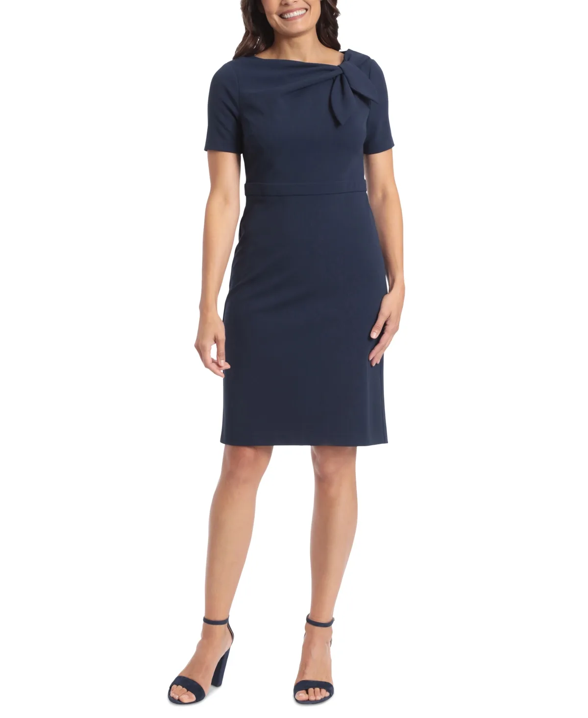 Solid Bow-Neck Short-Sleeve Sheath Dress by London Times