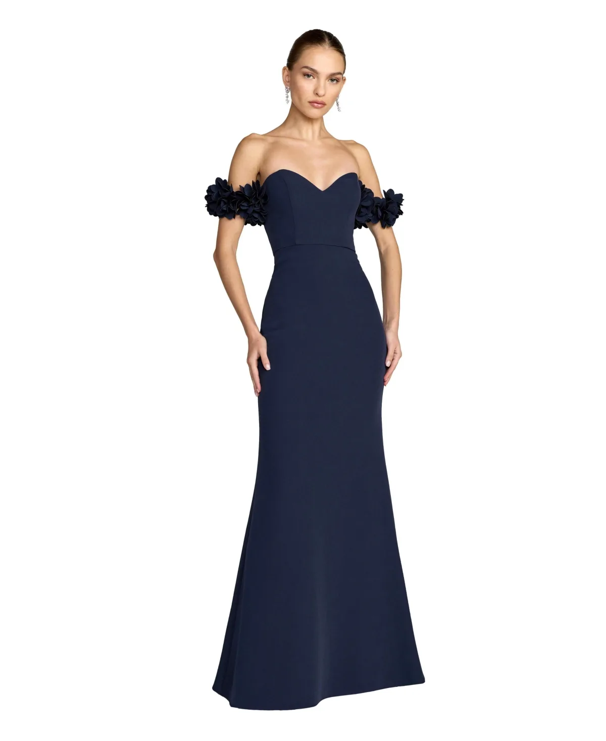Crepe Off the Shoulder Gown with 3D Flowers by M.A.C.