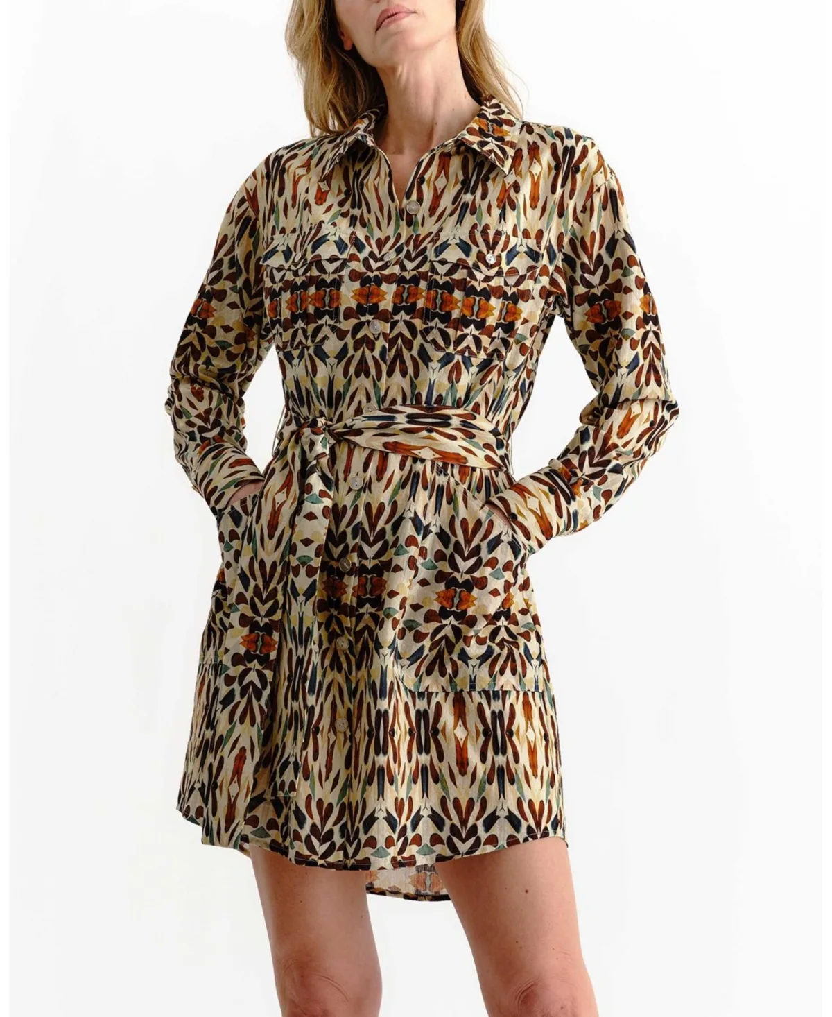 Melody Long-Sleeve Mini Print Shirt Dress by Cartolina