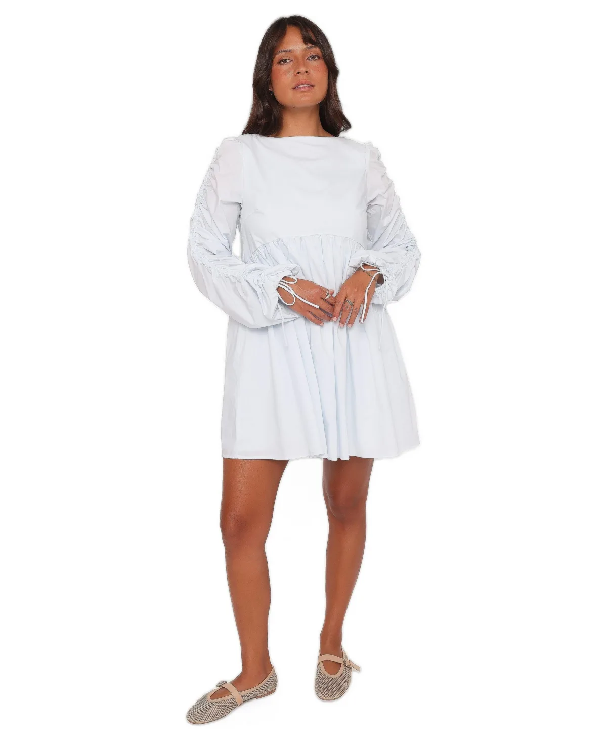 Micaela Long-Sleeve Boat Neck A-Line Mini Dress by Petal and Pup