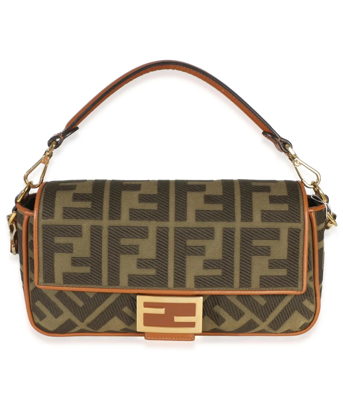 Pre-Owned Fendi Green Tan FF Embroidery Canvas Medium Baguette Bag by FENDI