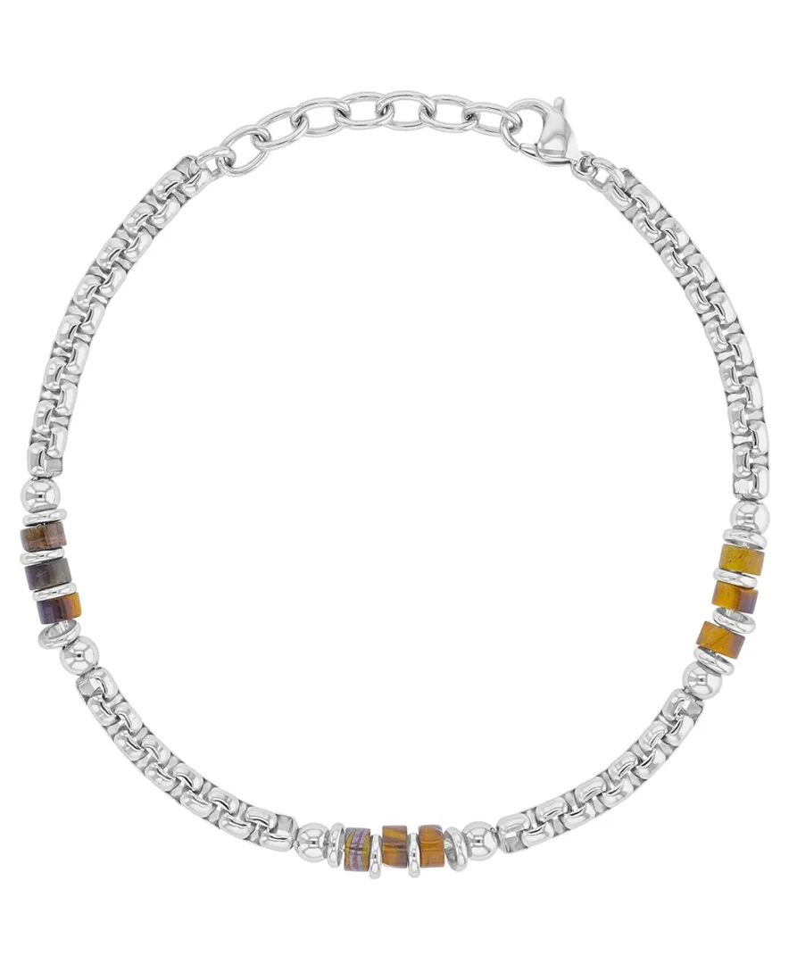 Platinum-Plated Steel Tiger Eye Cylinder Bracelet